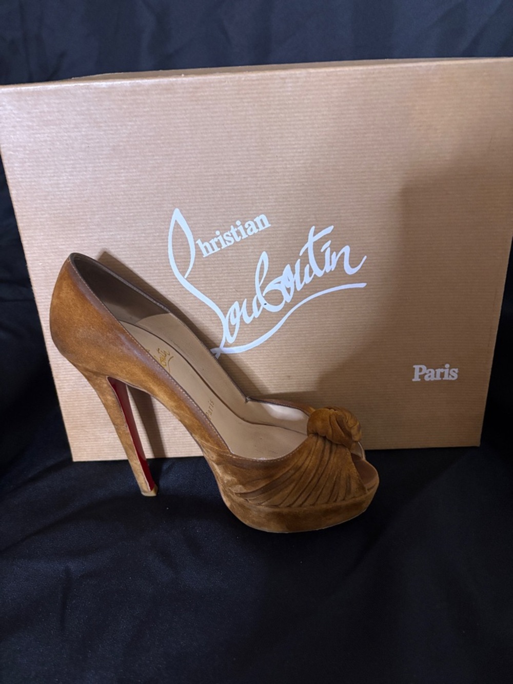 Christian Louboutin Suede Peep-Toe Knot Pump in Tan